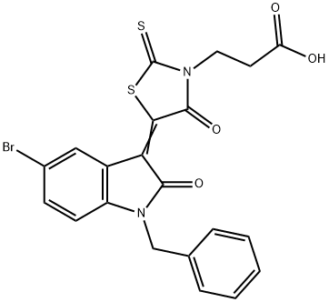 3-[(5Z)-5-(1-benzyl-5-bromo-2-oxoindol-3-ylidene)-4-oxo-2-sulfanylidene-1,3-thiazolidin-3-yl]propanoic acid Struktur