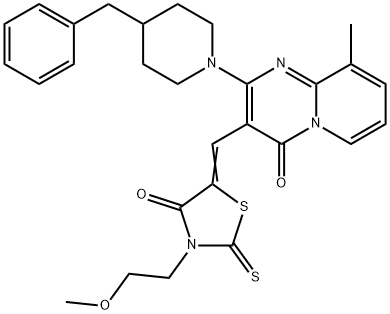 (5Z)-5-[[2-(4-benzylpiperidin-1-yl)-9-methyl-4-oxopyrido[1,2-a]pyrimidin-3-yl]methylidene]-3-(2-methoxyethyl)-2-sulfanylidene-1,3-thiazolidin-4-one Struktur