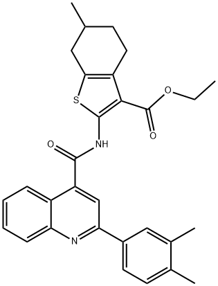 ethyl 2-(2-(3,4-dimethylphenyl)quinoline-4-carboxamido)-6-methyl-4,5,6,7-tetrahydrobenzo[b]thiophene-3-carboxylate Struktur