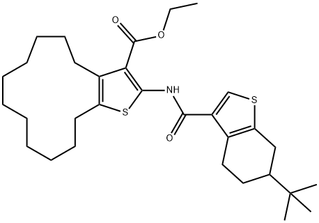 ethyl 2-(6-(tert-butyl)-4,5,6,7-tetrahydrobenzo[b]thiophene-3-carboxamido)-5,6,7,8,9,10,11,12,13,14-decahydro-4H-cyclotrideca[b]thiophene-3-carboxylate Struktur