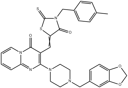 (5Z)-5-[[2-[4-(1,3-benzodioxol-5-ylmethyl)piperazin-1-yl]-4-oxopyrido[1,2-a]pyrimidin-3-yl]methylidene]-3-[(4-methylphenyl)methyl]-2-sulfanylidene-1,3-thiazolidin-4-one Struktur