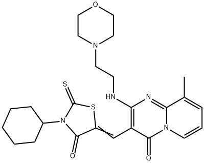 (5Z)-3-cyclohexyl-5-[[9-methyl-2-(2-morpholin-4-ylethylamino)-4-oxopyrido[1,2-a]pyrimidin-3-yl]methylidene]-2-sulfanylidene-1,3-thiazolidin-4-one Struktur