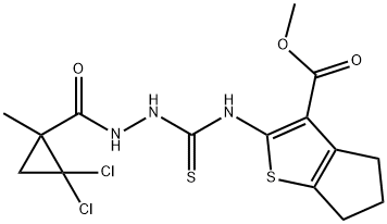 methyl 2-(2-(2,2-dichloro-1-methylcyclopropanecarbonyl)hydrazinecarbothioamido)-5,6-dihydro-4H-cyclopenta[b]thiophene-3-carboxylate Struktur