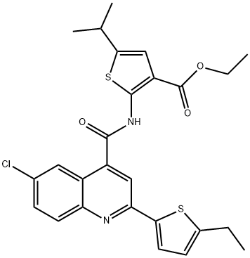 ethyl 2-(6-chloro-2-(5-ethylthiophen-2-yl)quinoline-4-carboxamido)-5-isopropylthiophene-3-carboxylate Struktur