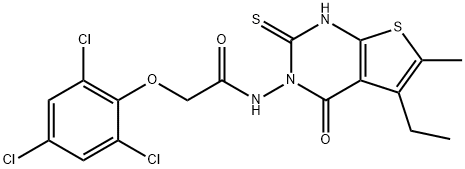 N-(5-ethyl-6-methyl-4-oxo-2-sulfanylidene-1H-thieno[2,3-d]pyrimidin-3-yl)-2-(2,4,6-trichlorophenoxy)acetamide Struktur