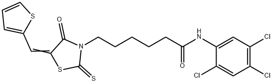 6-[(5E)-4-oxo-2-sulfanylidene-5-(thiophen-2-ylmethylidene)-1,3-thiazolidin-3-yl]-N-(2,4,5-trichlorophenyl)hexanamide Struktur