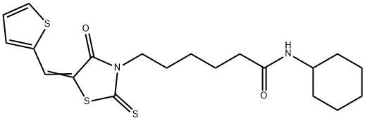 N-cyclohexyl-6-[(5E)-4-oxo-2-sulfanylidene-5-(thiophen-2-ylmethylidene)-1,3-thiazolidin-3-yl]hexanamide Struktur