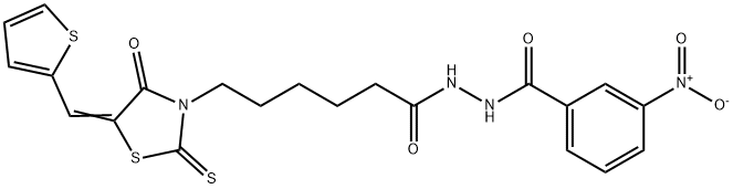 3-nitro-N'-[6-[(5E)-4-oxo-2-sulfanylidene-5-(thiophen-2-ylmethylidene)-1,3-thiazolidin-3-yl]hexanoyl]benzohydrazide Struktur