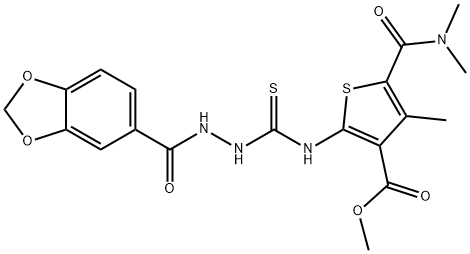 methyl 2-(2-(benzo[d][1,3]dioxole-5-carbonyl)hydrazinecarbothioamido)-5-(dimethylcarbamoyl)-4-methylthiophene-3-carboxylate Struktur