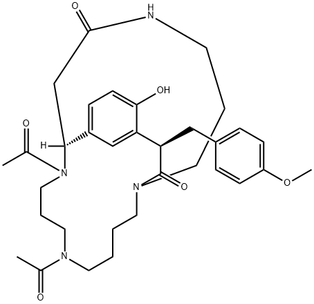 (11S,17R)-6,10-Diacetyl-15-hydroxy-17-[(4-methoxyphenyl)methyl]-1,6,10,22-tetraazatricyclo[9.7.6.112,16]pentacosa-12,14,16(25)-triene-18,23-dione Struktur