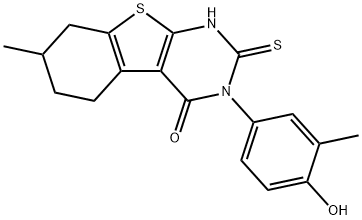 3-(4-hydroxy-3-methylphenyl)-7-methyl-2-sulfanylidene-5,6,7,8-tetrahydro-1H-[1]benzothiolo[2,3-d]pyrimidin-4-one Struktur