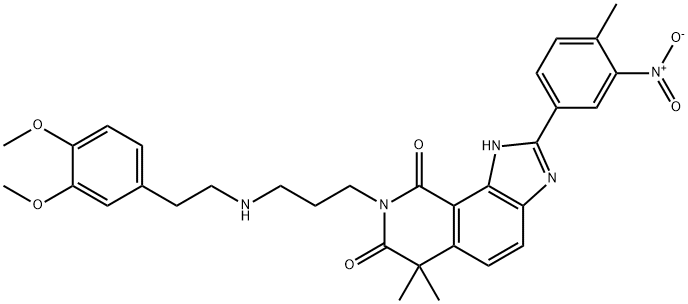 8-[3-[[2-(3,4-Dimethoxyphenyl)ethyl]amino]propyl]-6,6-dimethyl-2-(4-methyl-3-nitrophenyl)-1H-imidazo[4,5-h]isoquinoline-7,9(6H,8H)-dione Struktur