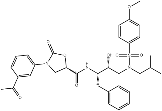 (5S)-3-(3-Acetylphenyl)-N-[(2S,3R)-3-hydroxy-4-{isobutyl[(4-methoxyphenyl)sulfonyl]amino}-1-phenyl-2-butanyl]-2-oxo-1,3-oxazolidine-5-carboxamide Struktur