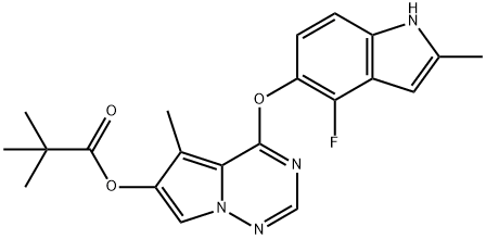 Propanoic acid, 2,2-diMethyl-, 4-[(4-fluoro-2-Methyl-1H-indol-5-yl)oxy]-5-Methylpyrrolo[2,1-f][1,2,4]triazin-6-yl ester Struktur