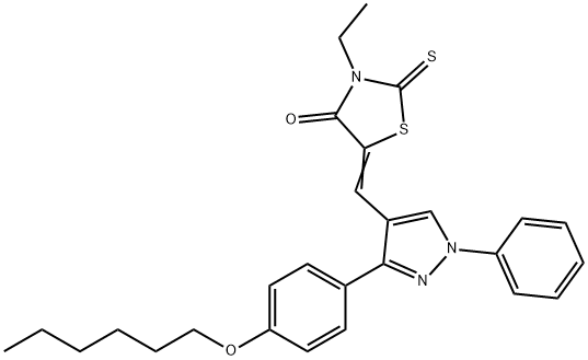 (5Z)-3-ethyl-5-[[3-(4-hexoxyphenyl)-1-phenylpyrazol-4-yl]methylidene]-2-sulfanylidene-1,3-thiazolidin-4-one Struktur