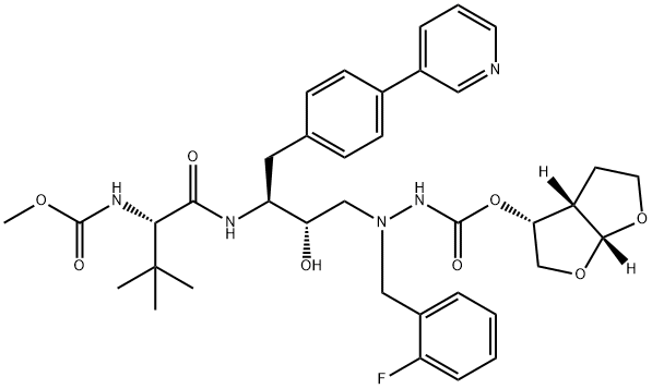 12-Oxa-2,3,7,10-tetraazatridecanoic acid, 9-(1,1-dimethylethyl)-3-[(2-fluorophenyl)methyl]-5-hydroxy-8,11-dioxo-6-[[4-(3-pyridinyl)phenyl]methyl]-, (3R,3aS,6aR)-hexahydrofuro[2,3-b]furan-3-yl ester, (5S,6S,9S)- Struktur