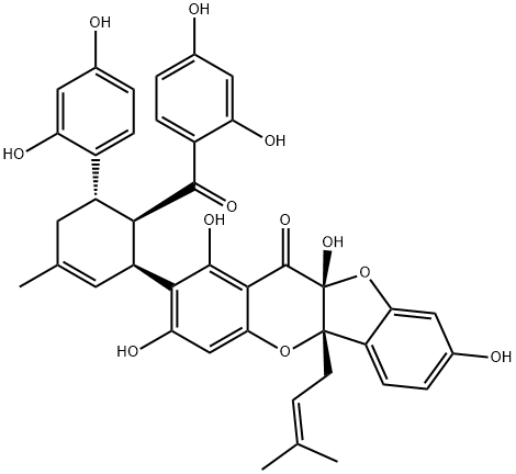 11H-Benzofuro[3,2-b][1]benzopyran-11-one, 2-[(1S,5S,6R)-6-(2,4-dihydroxybenzoyl)-5-(2,4-dihydroxyphenyl)-3-methyl-2-cyclohexen-1-yl]-5a,10a-dihydro-1,3,8,10a-tetrahydroxy-5a-(3-methyl-2-buten-1-yl)-, (5aS,10aR)- Struktur