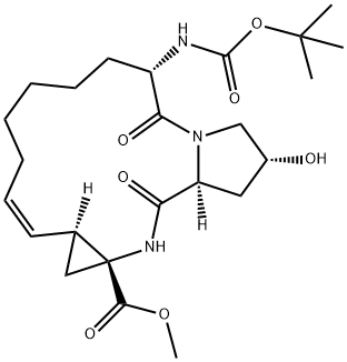 Cyclopropa[e]pyrrolo[1,2-a][1,4]diazacyclopentadecine-14a(5H)-carboxylic acid, 6-[[(1,1-dimethylethoxy)carbonyl]amino]-1,2,3,6,7,8,9,10,11,13a,14,15,16,16a-tetradecahydro-2-hydroxy-5,16-dioxo-, methyl ester, (2R,6S,12Z,13aS,14aR,16aS)- Struktur