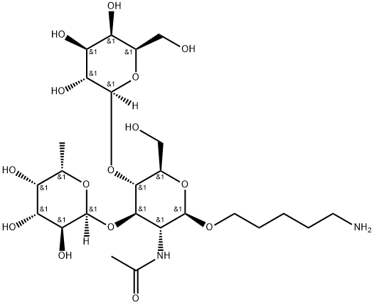 5-Aminopentyl O-6-deoxy-alpha-L-galactopyranosyl-(1-3)-O-[beta-D-galactopyranosyl-(1-4)]-2-(acetylamino)-2-deoxy-beta-D-glucopyranoside Struktur