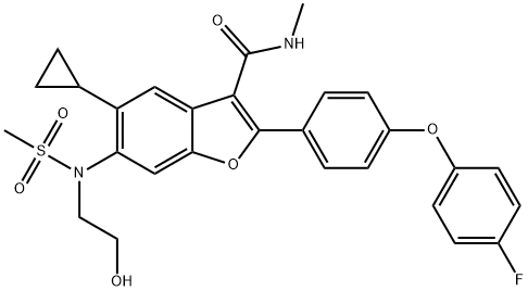 5-Cyclopropyl-2-[4-(4-fluoro-phenoxy)-phenyl]-6-[(2-hydroxy-ethyl)-methanesulfonyl-amino]
-benzofuran-3-carboxylic acid methylamide Struktur