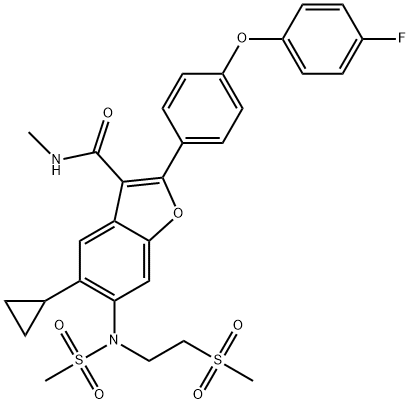 5-Cyclopropyl-2-[4-(4-fluoro-phenoxy)-phenyl]-6-[methanesulfonyl-(2-methanesulfonyl-ethyl)-amino]-benzofuran-3-carboxylic acid methylamide Struktur