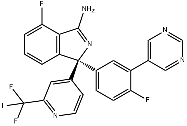 1H-Isoindol-3-amine, 4-fluoro-1-[4-fluoro-3-(5-pyrimidinyl)phenyl]-1-[2-(trifluoromethyl)-4-pyridinyl]-, (1S)- Struktur