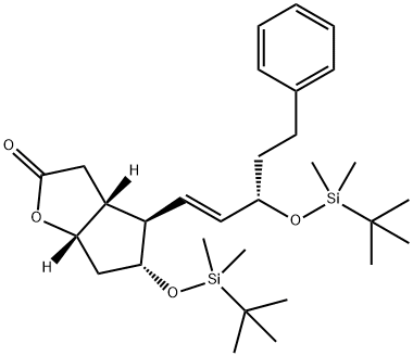 2H-Cyclopenta[b]furan-2-one, 5-[[(1,1-dimethylethyl)dimethylsilyl]oxy]-4-[(1E,3S)-3-[[(1,1-dimethylethyl)dimethylsilyl]oxy]-5-phenyl-1-penten-1-yl]hexahydro-, (3aR,4R,5R,6aS)- Struktur