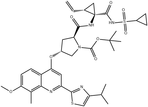 tert-butyl (2S,4R)-2-(((1R,2S)-1-((cyclopropylsulfonyl)carbamoyl)-2-vinylcyclopropyl)carbamoyl)-4-((2-(4-isopropylthiazol-2-yl)-7-methoxy-8-methylquinolin-4-yl)oxy)pyrrolidine-1-carboxylate Struktur