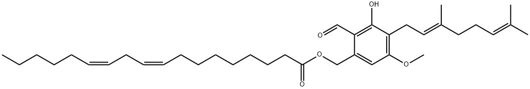 9,12-Octadecadienoic acid (9Z,12Z)-, [4-[(2E)-3,7-dimethyl-2,6-octadien-1-yl]-2-formyl-3-hydroxy-5-methoxyphenyl]methyl ester Struktur