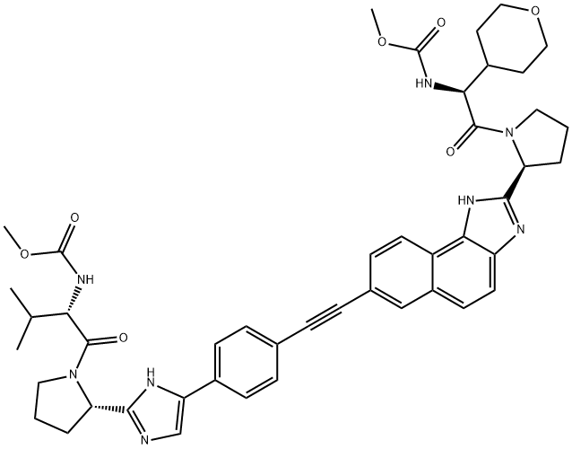 Carbamic acid, N-[(1S)-2-[(2S)-2-[7-[2-[4-[2-[(2S)-1-[(2S)-2-[(methoxycarbonyl)amino]-3-methyl-1-oxobutyl]-2-pyrrolidinyl]-1H-imidazol-5-yl]phenyl]ethynyl]-1H-naphth[1,2-d]imidazol-2-yl]-1-pyrrolidinyl]-2-oxo-1-(tetrahydro-2H-pyran-4-yl)ethyl]-, methyl es Struktur