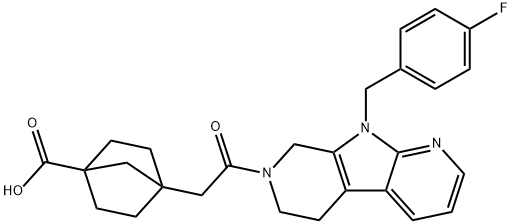 Bicyclo[2.2.1]heptane-1-carboxylic acid, 4-[2-[9-[(4-fluorophenyl)methyl]-5,6,8,9-tetrahydro-7H-pyrrolo[2,3-b:5,4-c']dipyridin-7-yl]-2-oxoethyl]- Struktur