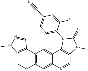 Benzonitrile, 4-[2,3-dihydro-7-methoxy-3-methyl-8-(1-methyl-1H-pyrazol-4-yl)-2-oxo-1H-imidazo[4,5-c]quinolin-1-yl]-3-fluoro- Struktur