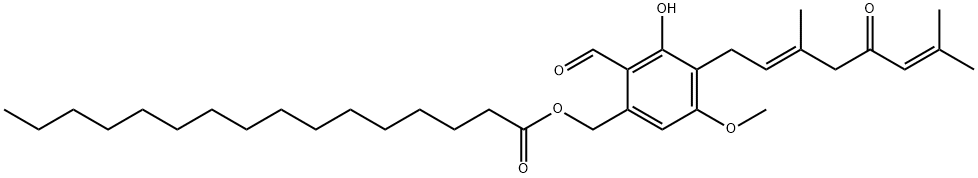 Hexadecanoic acid, [4-[(2E)-3,7-dimethyl-5-oxo-2,6-octadien-1-yl]-2-formyl-3-hydroxy-5-methoxyphenyl]methyl ester Struktur