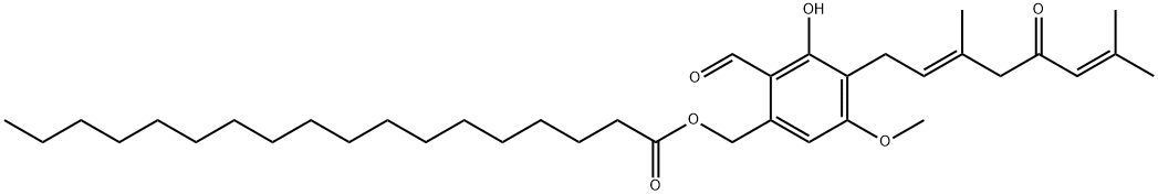 Octadecanoic acid, [4-[(2E)-3,7-dimethyl-5-oxo-2,6-octadien-1-yl]-2-formyl-3-hydroxy-5-methoxyphenyl]methyl ester Struktur