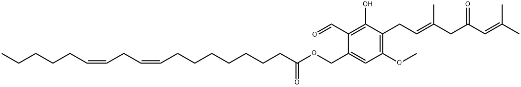 9,12-Octadecadienoic acid (9Z,12Z)-, [4-[(2E)-3,7-dimethyl-5-oxo-2,6-octadien-1-yl]-2-formyl-3-hydroxy-5-methoxyphenyl]methyl ester Struktur