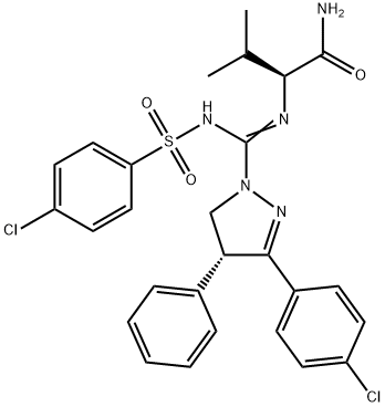 (S)-2-((R)-3-(4-chlorophenyl)-N’-((4-chlorophenyl)sulfonyl)-4-phenyl-4,5-dihydro-1H-pyrazole-1-carboximidamido)-3-methylbutanamide Struktur