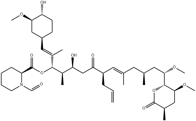 2-Piperidinecarboxylic acid, 1-formyl-, (1S,2R,3S,6R,7E,10S,12S)-3-hydroxy-1-[(1E)-2-[(1R,3R,4R)-4-hydroxy-3-methoxycyclohexyl]-1-methylethenyl]-12-methoxy-2,8,10-trimethyl-5-oxo-6-(2-propen-1-yl)-12-[(2R,3S,5R)-tetrahydro-3-methoxy-5-methyl-6-oxo-2H-pyra Struktur