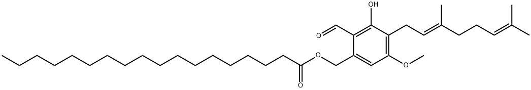 Octadecanoic acid, [4-[(2E)-3,7-dimethyl-2,6-octadien-1-yl]-2-formyl-3-hydroxy-5-methoxyphenyl]methyl ester Struktur