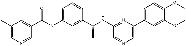 3-Pyridinecarboxamide, N-[3-[(1S)-1-[[6-(3,4-dimethoxyphenyl)-2-pyrazinyl]amino]ethyl]phenyl]-5-methyl- Struktur