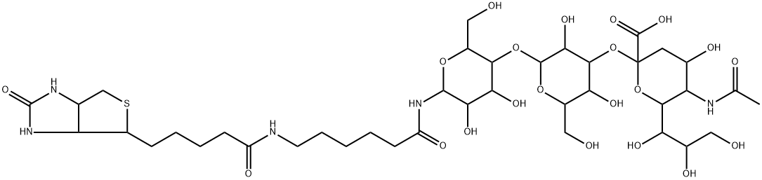 [3aS-(3aalpha,4beta,6aalpha)]-N-[6-[[O-(N-Acetyl-alpha-neuraminosyl)-(2-3)-O-beta-D-galactopyranosyl-(1-4)-D-glucopyranosyl]amino]-6-oxohexyl]hexahydro-2-oxo-1H-thieno[3,4-d]imidazole-4-pentanamide Struktur