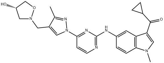 Methanone, cyclopropyl[5-[[4-[4-[[(4S)-4-hydroxy-2-isoxazolidinyl]methyl]-3-methyl-1H-pyrazol-1-yl]-2-pyrimidinyl]amino]-1-methyl-1H-indol-3-yl]- Struktur