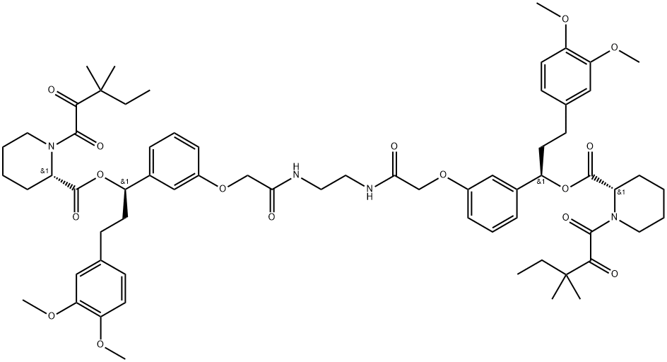 1,2-Ethanediylbis[imino(2-oxo-2,1-ethanediyl)oxy-3,1-phenylene(1R)-3-(3,4-dimethoxyphenyl)-1,1-propanediyl] (2S,2'S)bis[1-(3,3-dimethyl-2-oxopentanoyl)-2-piperidinecarboxylate] Struktur