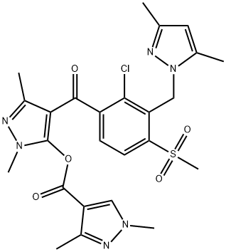 1H-Pyrazole-4-carboxylic acid, 1,3-dimethyl-, 4-[2-chloro-3-[(3,5-dimethyl-1H-pyrazol-1-yl)methyl]-4-(methylsulfonyl)benzoyl]-1,3-dimethyl-1H-pyrazol-5-yl ester Struktur