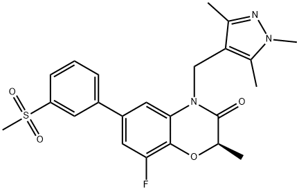 2H-1,4-Benzoxazin-3(4H)-one, 8-fluoro-2-methyl-6-[3-(methylsulfonyl)phenyl]-4-[(1,3,5-trimethyl-1H-pyrazol-4-yl)methyl]-, Struktur