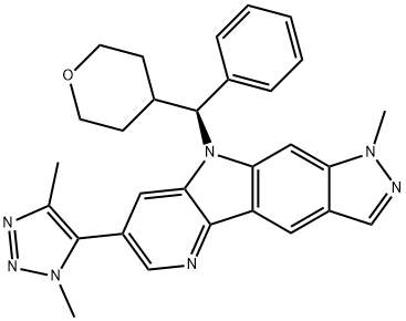 Pyrido[2',3':4,5]pyrrolo[3,2-f]indazole, 7-(1,4-dimethyl-1H-1,2,3-triazol-5-yl)-1,9-dihydro-1-methyl-9-[(S)-phenyl(tetrahydro-2H-pyran-4-yl)methyl]- Struktur