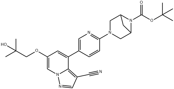 3,6-Diazabicyclo[3.1.1]heptane-6-carboxylic acid, 3-[5-[3-cyano-6-(2-hydroxy-2-methylpropoxy)pyrazolo[1,5-a]pyridin-4-yl]-2-pyridinyl]-, 1,1-dimethylethyl ester Struktur