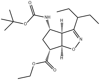 4H-Cyclopent[d]isoxazole-6-carboxylic acid, 4-[[(1,1-dimethylethoxy)carbonyl]amino]-3-(1-ethylpropyl)-3a,5,6,6a-tetrahydro-, ethyl ester, (3aS,4S,6R,6aR)- Struktur