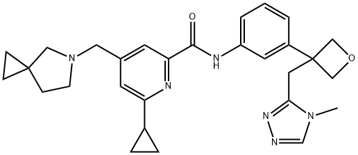 2-Pyridinecarboxamide, 4-(5-azaspiro[2.4]hept-5-ylmethyl)-6-cyclopropyl-N-[3-[3-[(4-methyl-4H-1,2,4-triazol-3-yl)methyl]-3-oxetanyl]phenyl]- Struktur