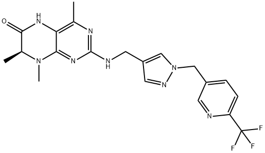 6(5H)-Pteridinone, 7,8-dihydro-4,7,8-trimethyl-2-[[[1-[[6-(trifluoromethyl)-3-pyridinyl]methyl]-1H-pyrazol-4-yl]methyl]amino]-, (7S)- Struktur