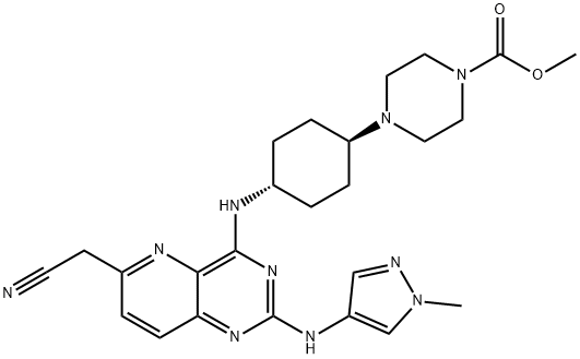 1-Piperazinecarboxylic acid, 4-[trans-4-[[6-(cyanomethyl)-2-[(1-methyl-1H-pyrazol-4-yl)amino]pyrido[3,2-d]pyrimidin-4-yl]amino]cyclohexyl]-, methyl ester Struktur